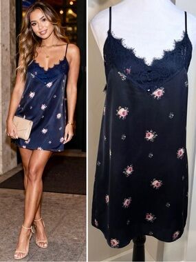 Abercrombie & Fitch Navy Floral Satin Slip Dress Eyelash Lace  Sz S💛